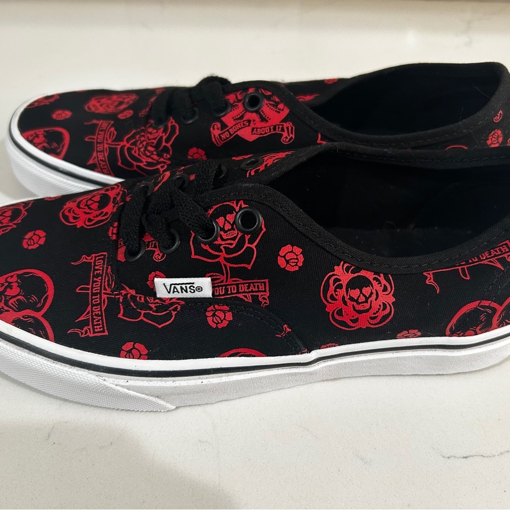 Vans Special Edition Black and Red Sneakers with Rose Pattern